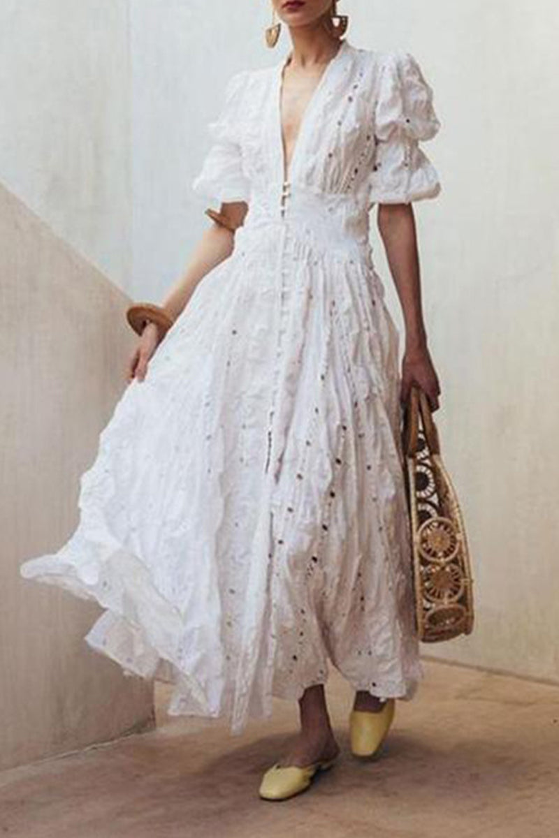 Elegante vestido de encaje liso con escote en V y falda de cintura alta