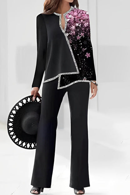 Conjunto de dos piezas con cuello en V asimétrico y manga larga con estampado informal (10 colores)