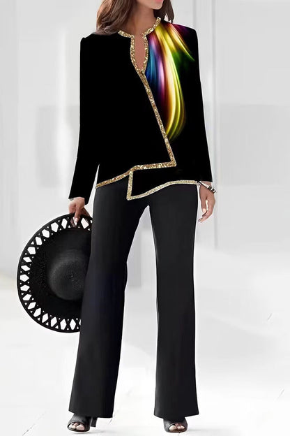 Conjunto de dos piezas con cuello en V asimétrico y manga larga con estampado informal (10 colores)