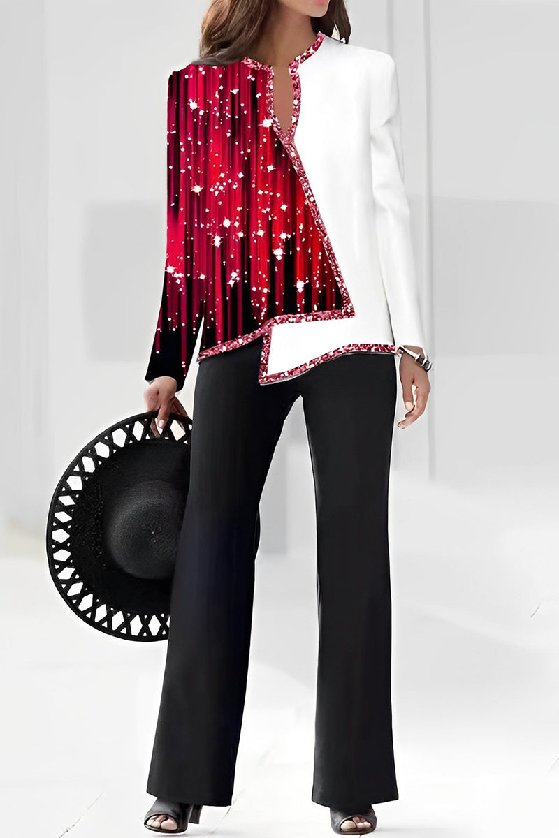 Conjunto de dos piezas con cuello en V asimétrico y manga larga con estampado informal (10 colores)