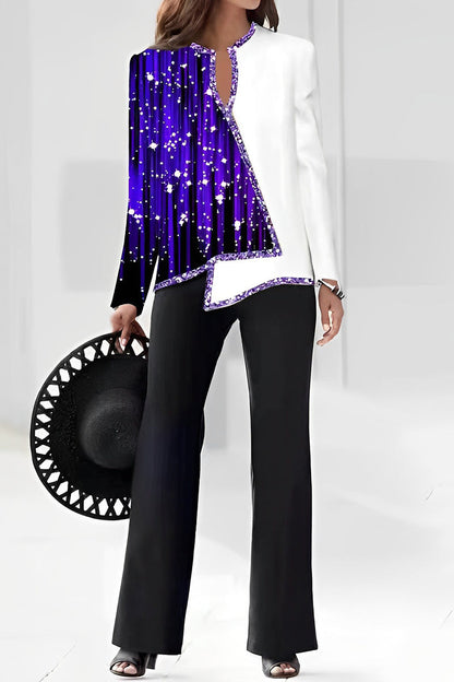 Conjunto de dos piezas con cuello en V asimétrico y manga larga con estampado informal (10 colores)