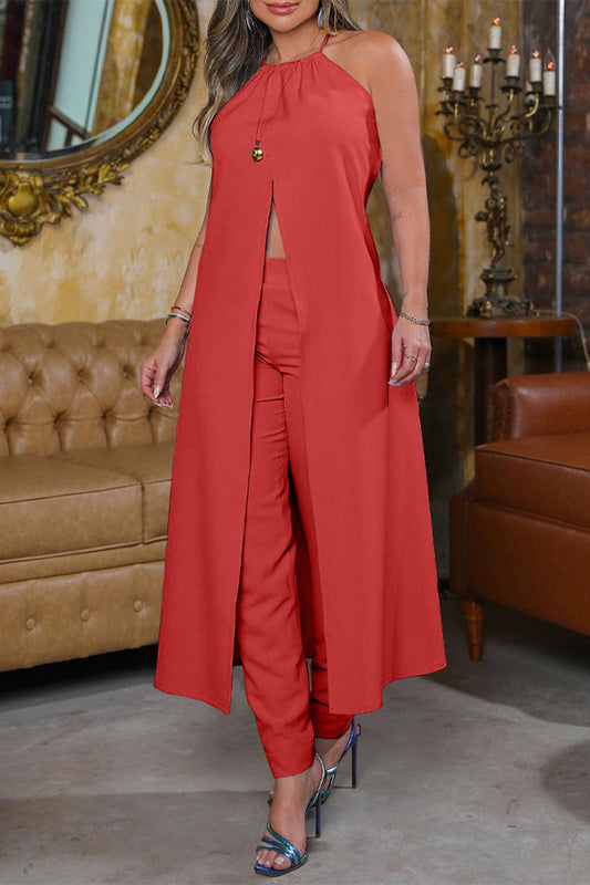 Elegante vestido de dos piezas sin mangas con abertura en el cuello y cuello halter