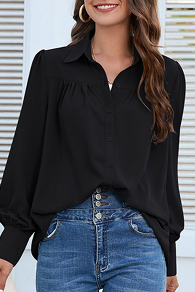 Blusas casuales con cuello camisero y botones lisos (8 colores)