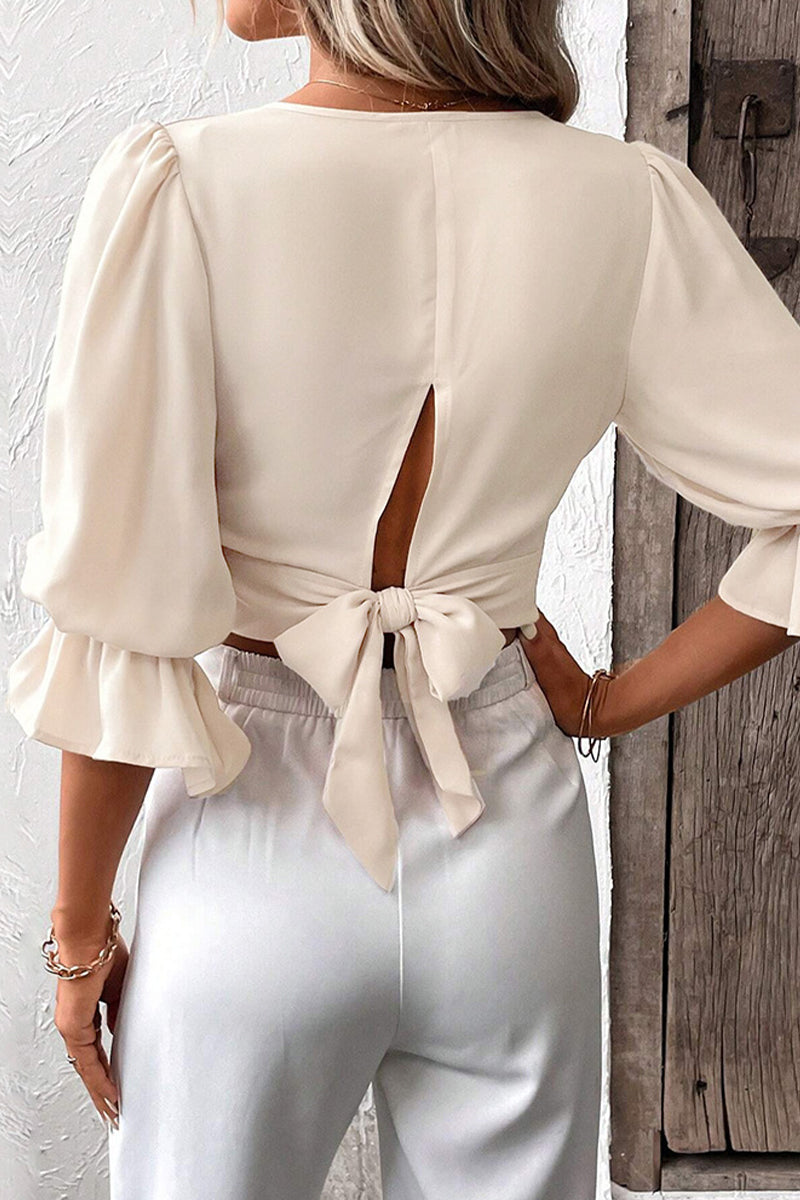 Elegante blusa sencilla con cuello en V y banda sólida