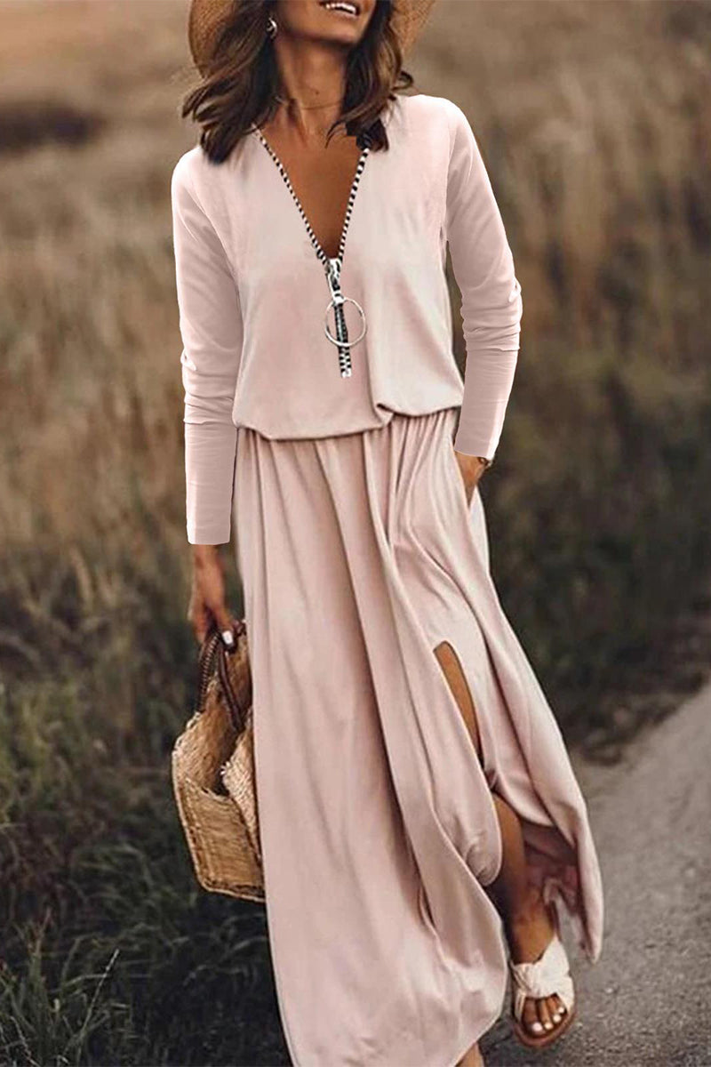 Vestido informal de patchwork con cremallera y cuello en V irregular
