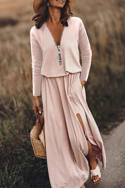 Vestido informal de patchwork con cremallera y cuello en V irregular