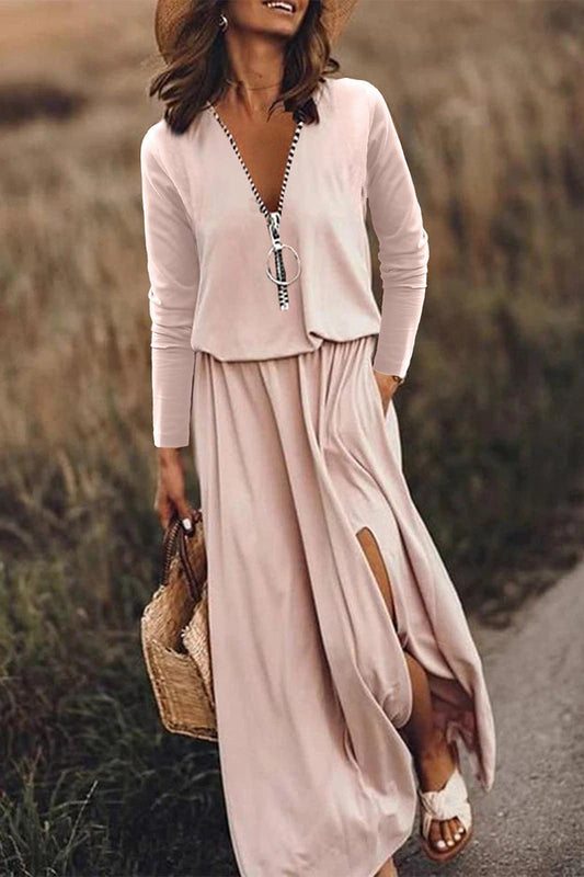Vestido informal de patchwork con cremallera y escote en V irregular (6 colores)