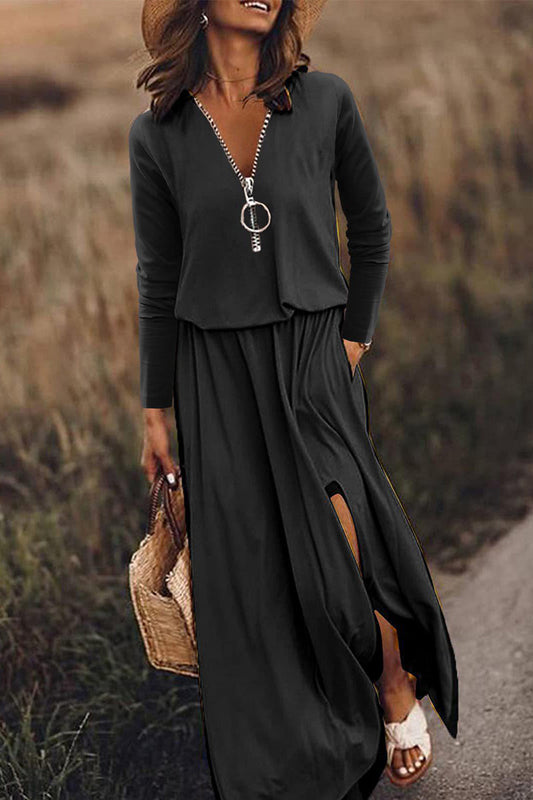 Vestido informal de patchwork con cremallera y cuello en V irregular