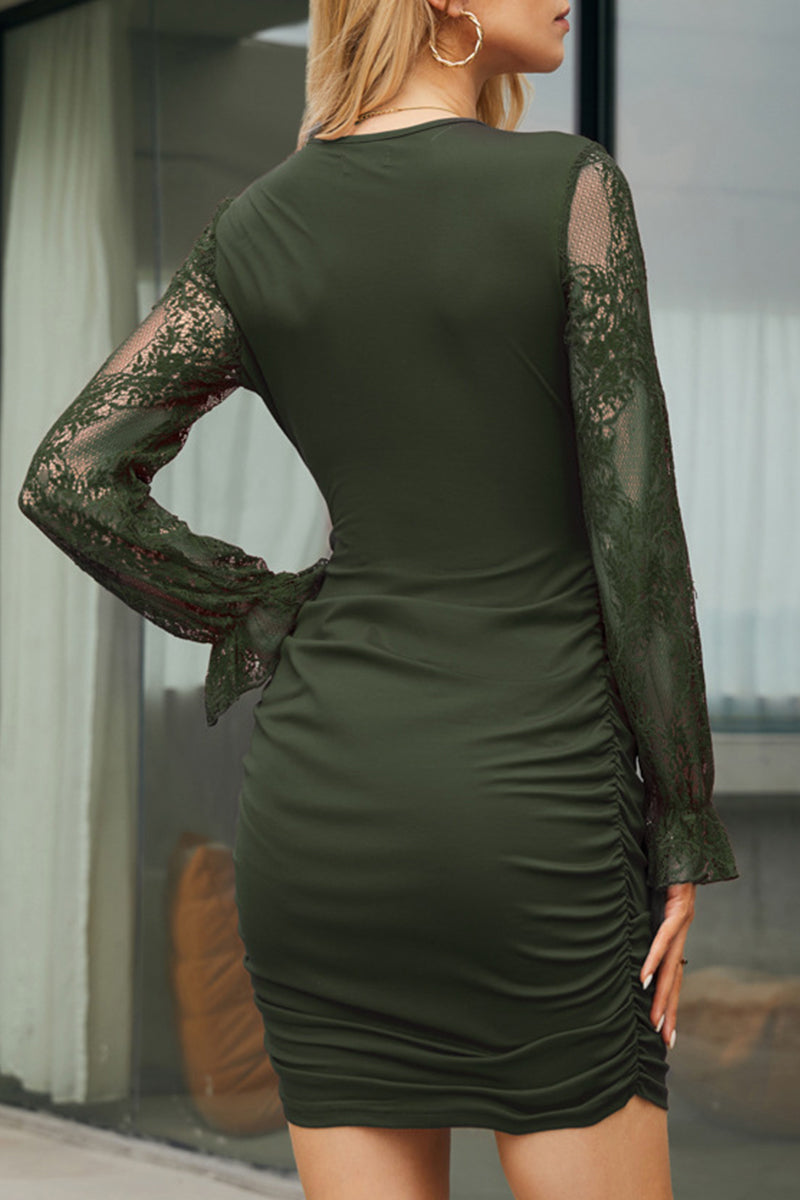 Vestidos sexis de encaje sólido con cuello en V y corte A