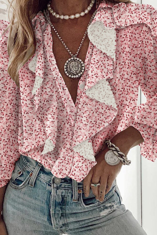 Elegant Print Floral Butterfly Print Patchwork Flounce V Neck Tops(6 Colors)