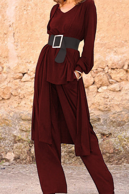 Conjunto informal liso con cinturón, escote en V, manga larga, dos piezas (3 colores)