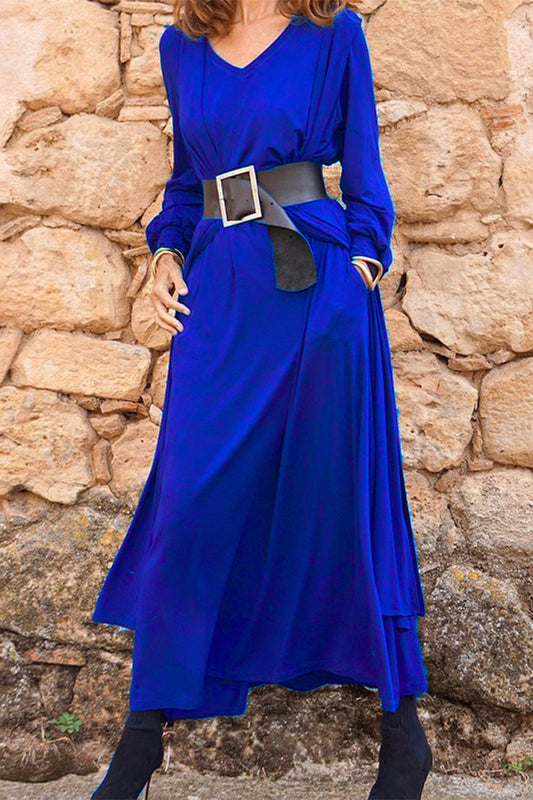 Conjunto informal liso con cinturón, escote en V, manga larga, dos piezas (3 colores)