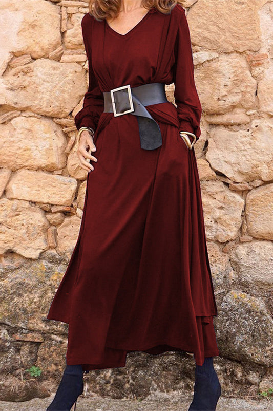 Conjunto informal liso con cinturón, escote en V, manga larga, dos piezas (3 colores)