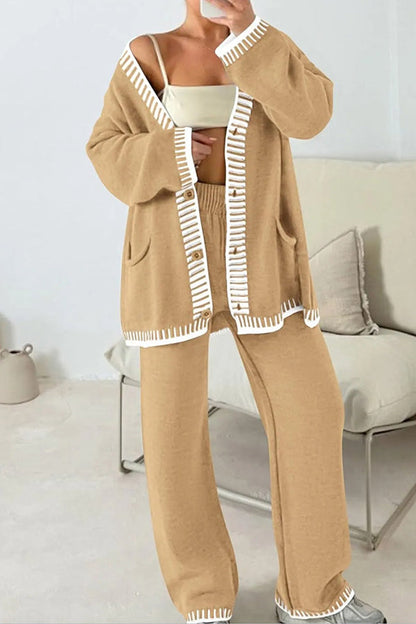 Conjunto de cárdigan informal de punto de manga larga con bolsillos y pantalones anchos y holgados con cintura elástica.