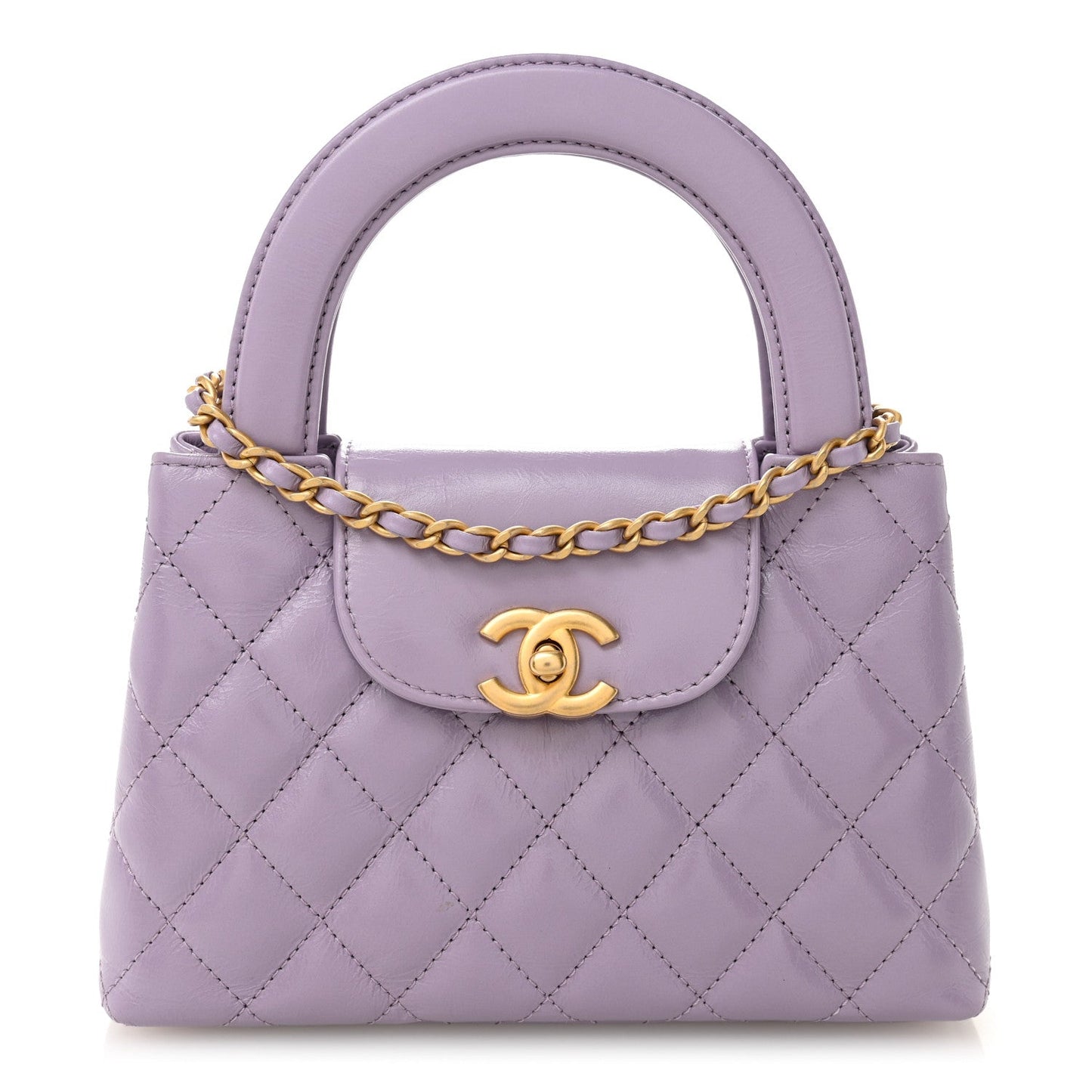 Shiny Aged Calfskin Quilted Nano Kelly Shopper Lilac