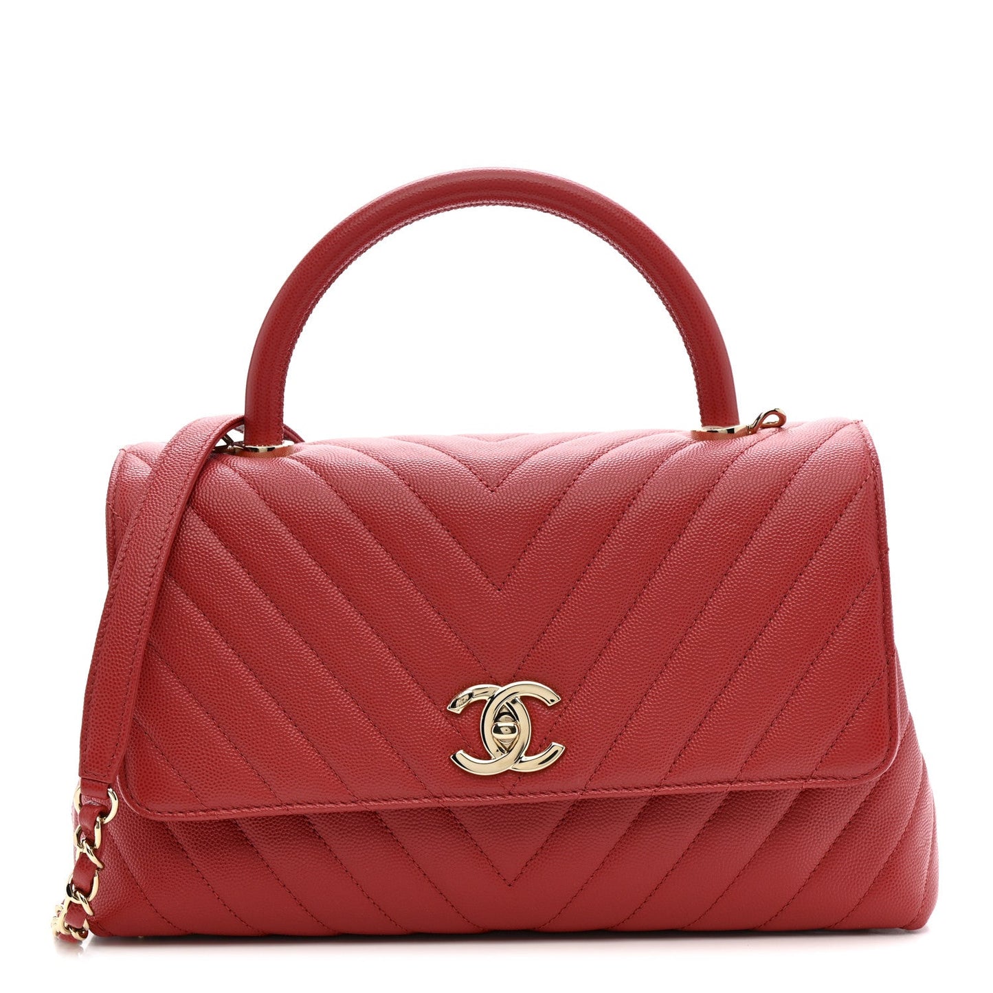 Caviar Chevron Quilted Small Coco Handle Flap Red