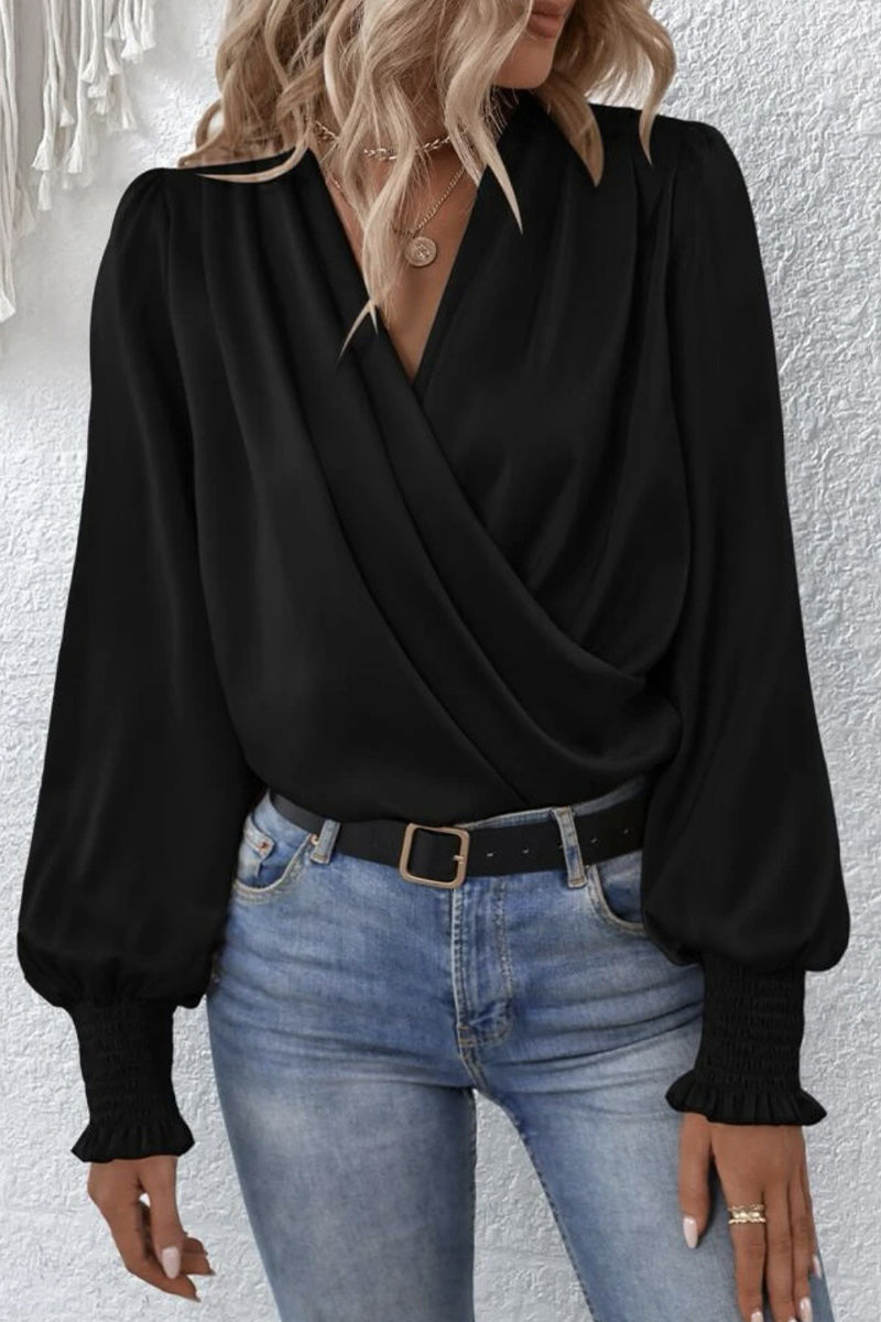 Elegantes blusas con cuello en V y pliegues sólidos