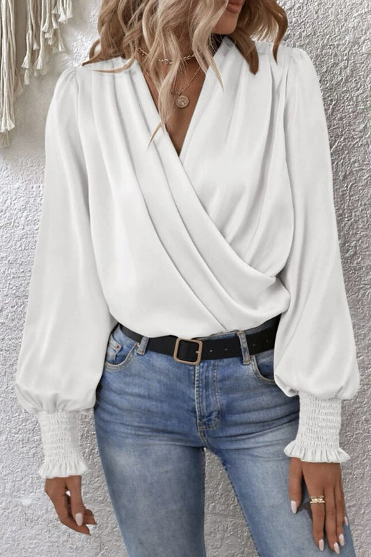Elegantes blusas con cuello en V y pliegues sólidos