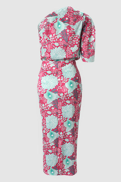 Elegante vestido estampado con cuello oblicuo y patchwork floral