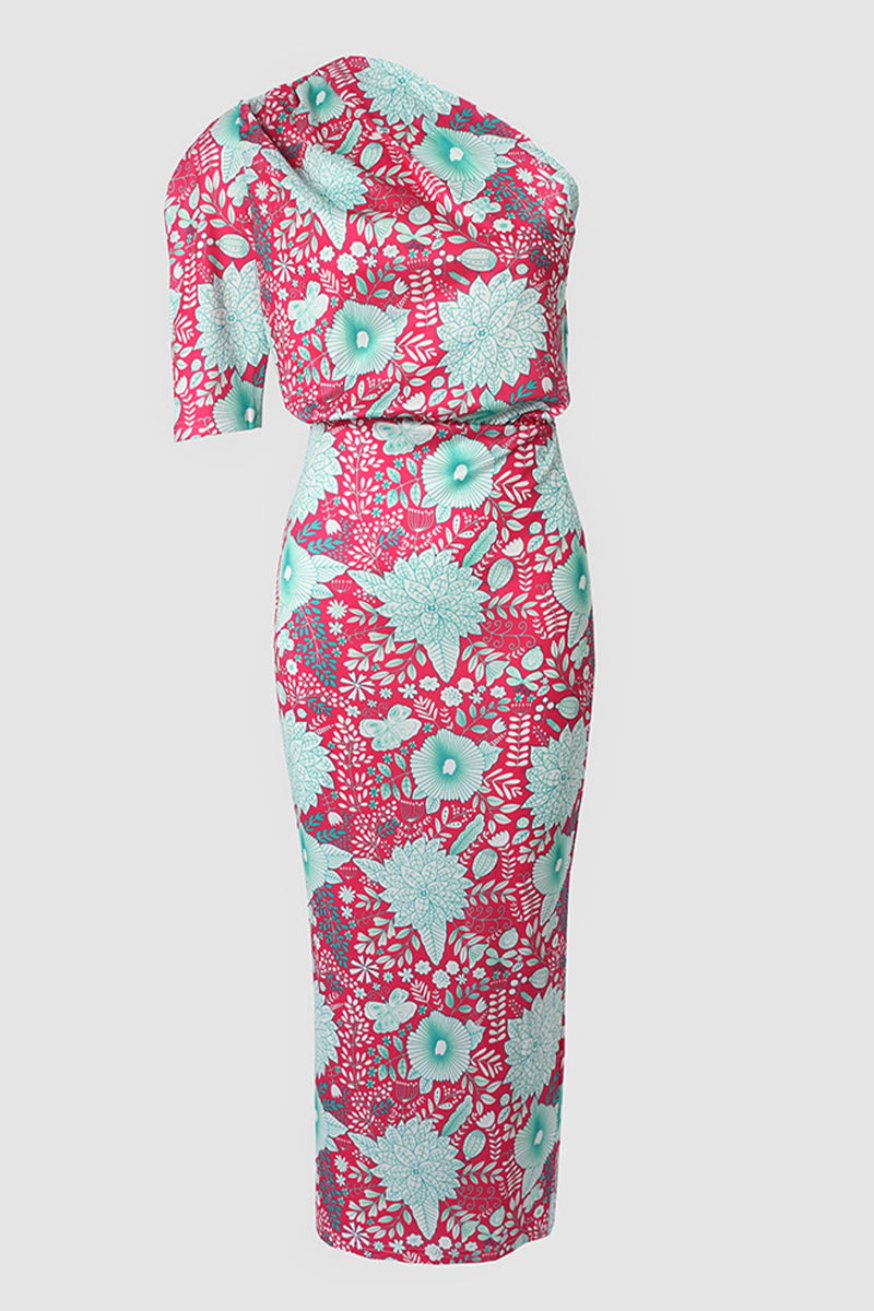 Elegante vestido estampado con cuello oblicuo y patchwork floral