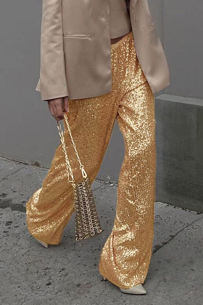 Pantalones casuales de estilo británico con lentejuelas lisas, sueltos, de cintura baja, rectos, de color liso