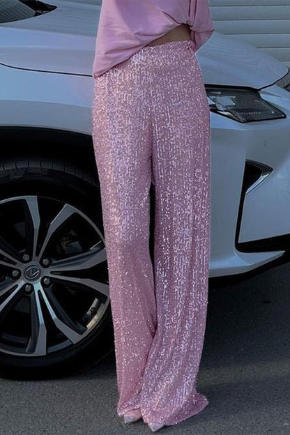 Pantalones casuales de estilo británico con lentejuelas lisas, sueltos, de cintura baja, rectos, de color liso