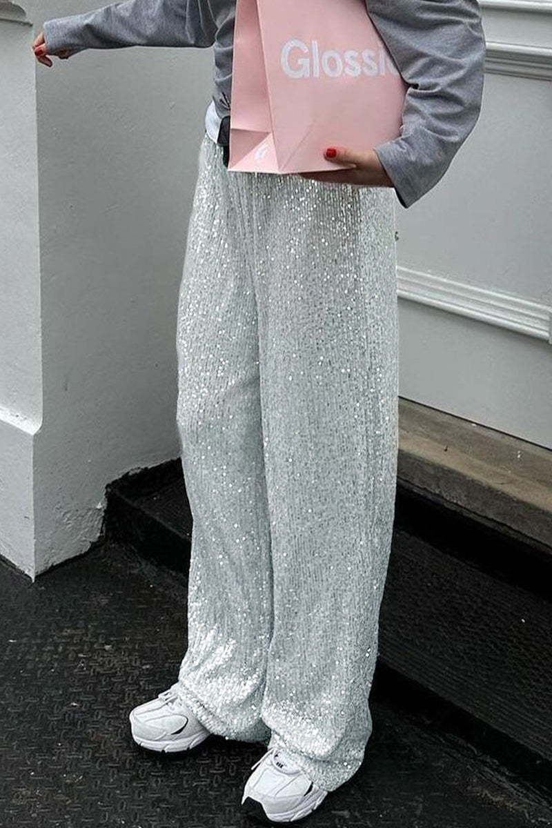 Pantalones casuales de estilo británico con lentejuelas lisas, sueltos, de cintura baja, rectos, de color liso