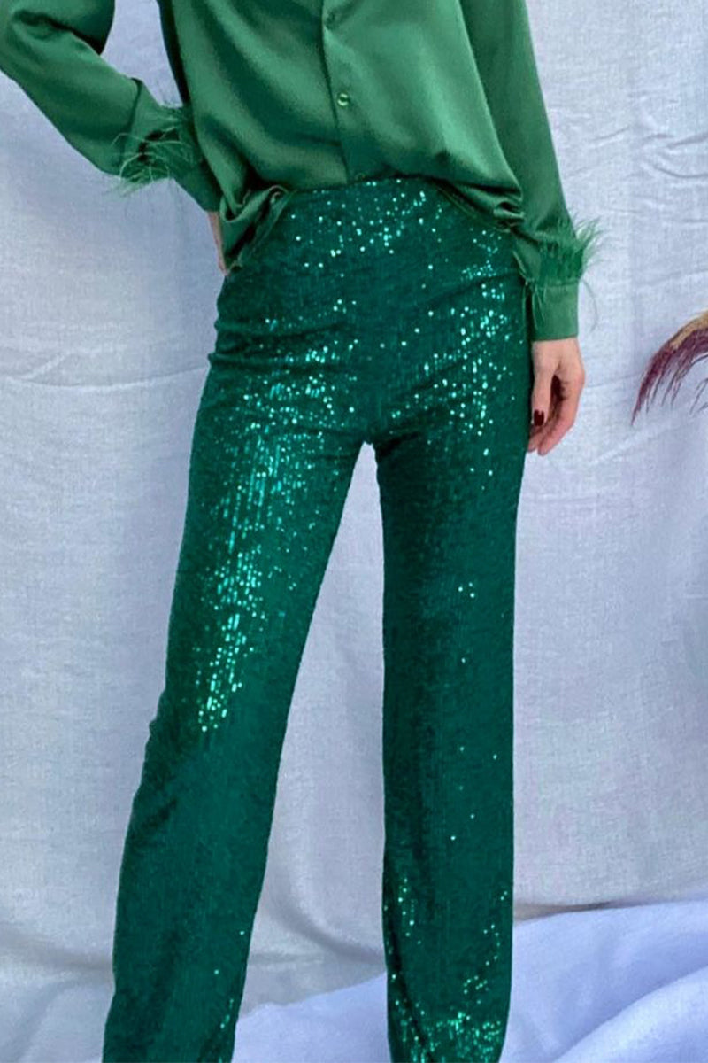 Pantalones casuales de estilo británico con lentejuelas lisas, sueltos, de cintura baja, rectos, de color liso