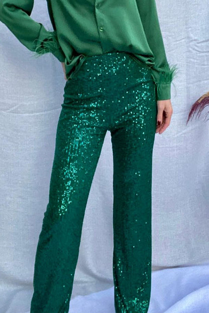 Pantalones casuales de estilo británico con lentejuelas lisas, sueltos, de cintura baja, rectos, de color liso