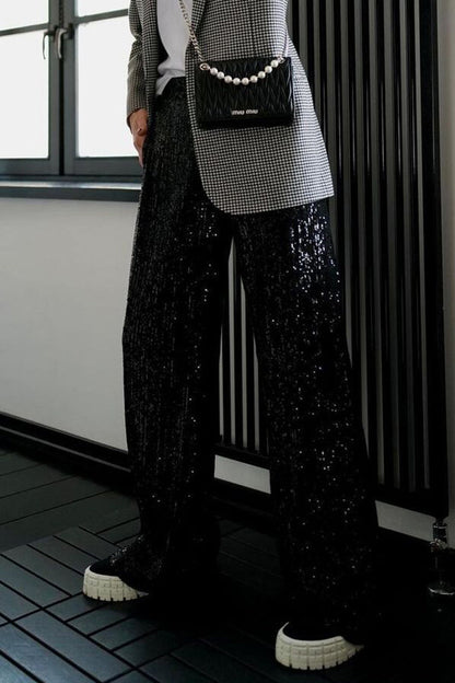 Pantalones casuales de estilo británico con lentejuelas lisas, sueltos, de cintura baja, rectos, de color liso