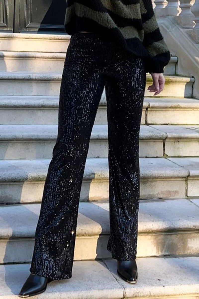 Pantalones casuales de estilo británico con lentejuelas lisas, sueltos, de cintura baja, rectos, de color liso