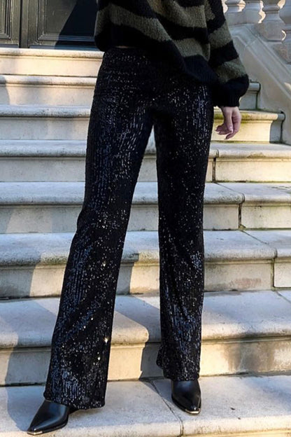 Pantalones casuales de estilo británico con lentejuelas lisas, sueltos, de cintura baja, rectos, de color liso