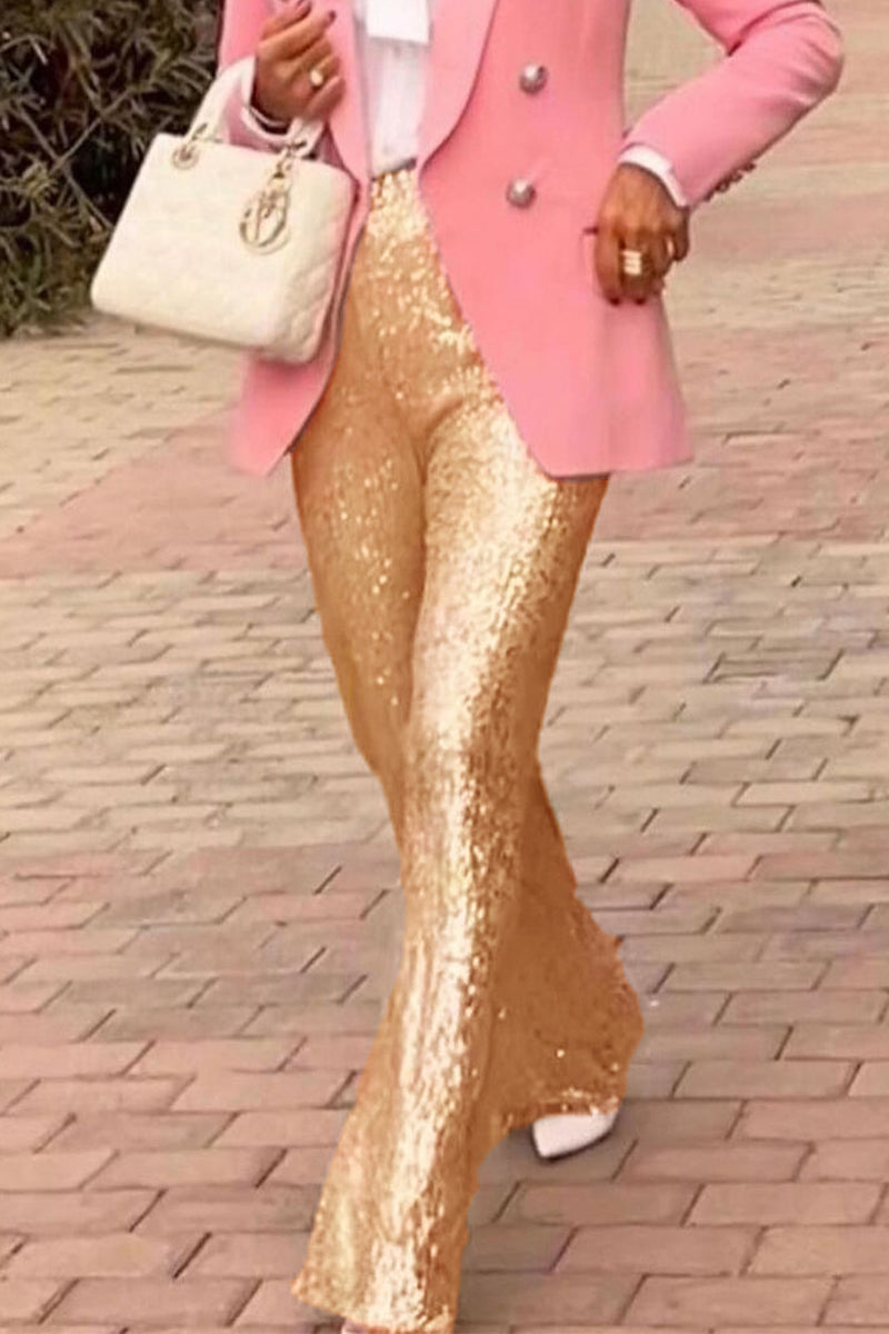 Pantalones casuales de estilo británico con lentejuelas lisas, sueltos, de cintura baja, rectos, de color liso