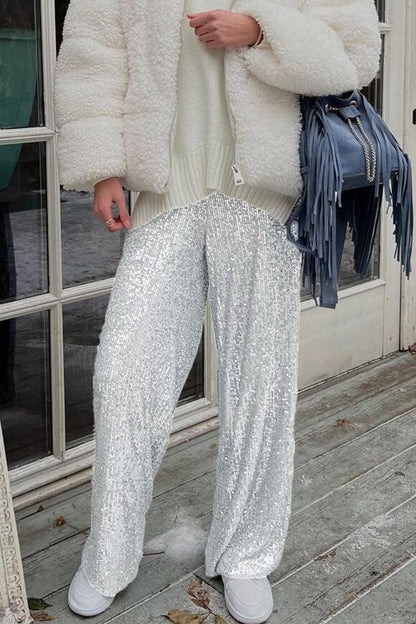Pantalones casuales de estilo británico con lentejuelas lisas, sueltos, de cintura baja, rectos, de color liso