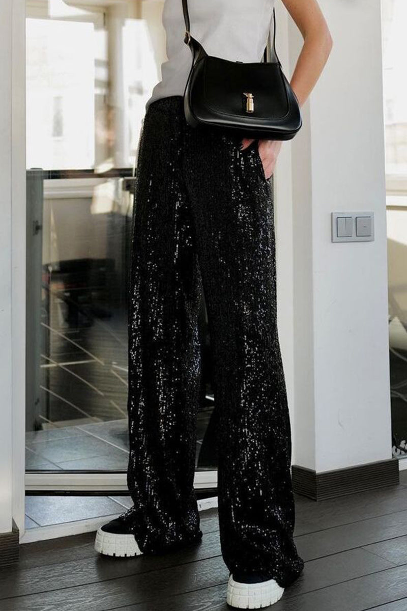 Pantalones casuales de estilo británico con lentejuelas lisas, sueltos, de cintura baja, rectos, de color liso