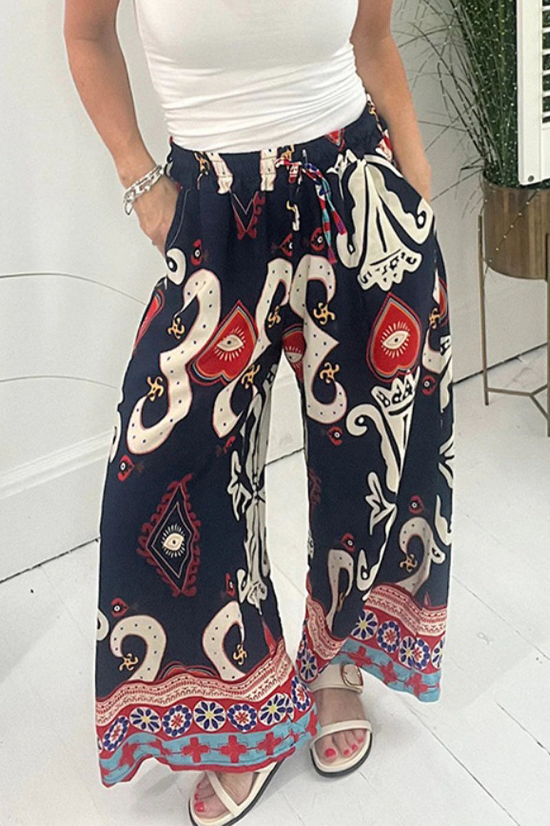 Pantalones casuales con estampado, bolsillo, holgados, pierna ancha y estampado completo