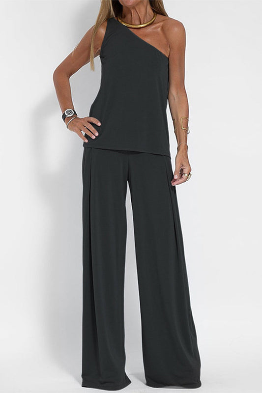 Conjunto informal de tres piezas, liso, con cuello oblicuo y sin mangas