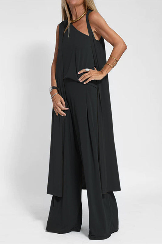 Conjunto informal de tres piezas, liso, con cuello oblicuo y sin mangas
