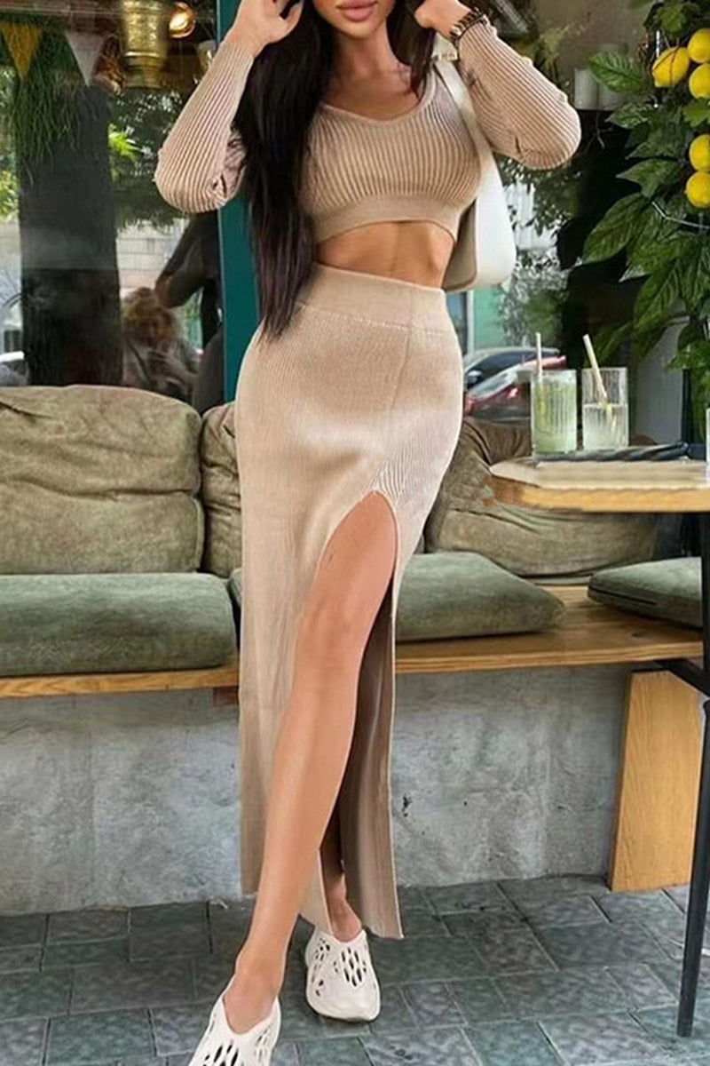 Conjunto de dos piezas sexy de manga larga con escote redondo y abertura sólida
