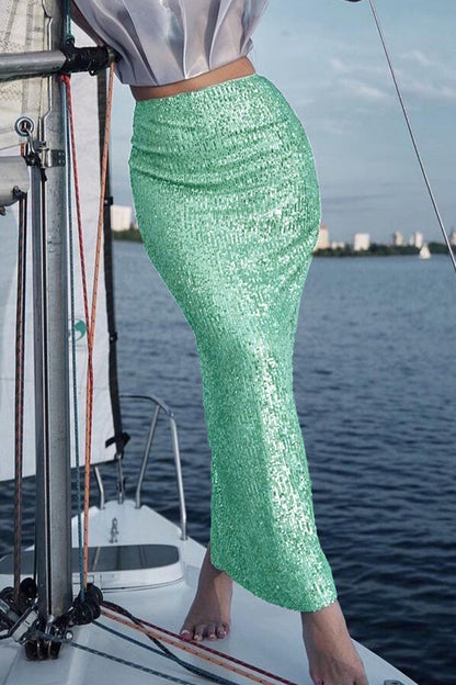 Elegante pantalón recto de lentejuelas lisas de color liso