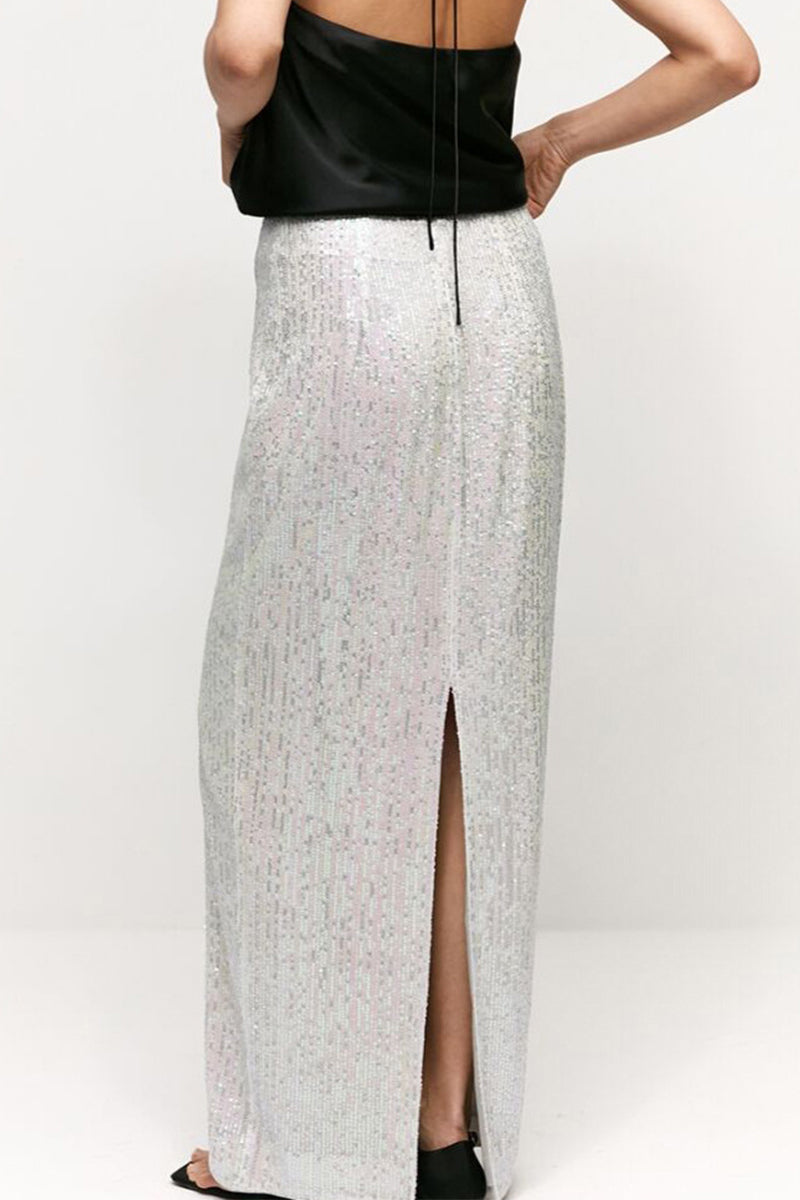 Elegante pantalón recto de lentejuelas lisas de color liso