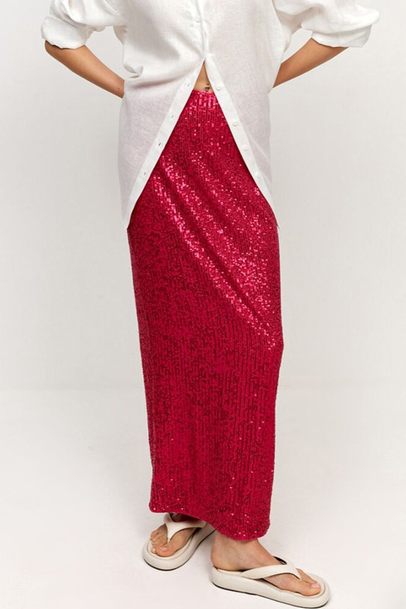 Elegante pantalón recto de lentejuelas lisas de color liso
