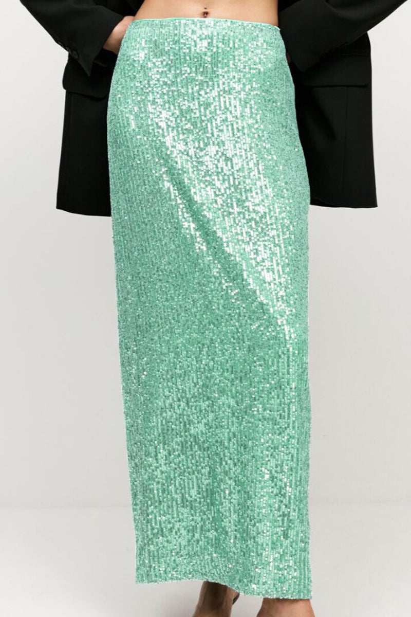 Elegante pantalón recto de lentejuelas lisas de color liso