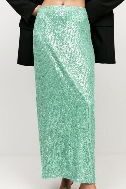 Elegante pantalón recto de lentejuelas lisas de color liso