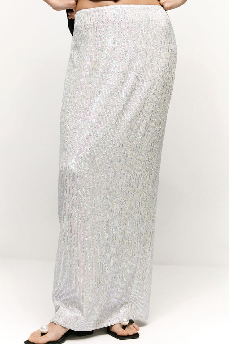 Elegante pantalón recto de lentejuelas lisas de color liso