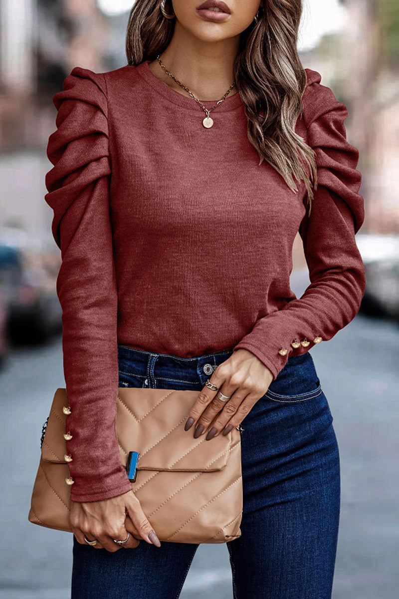 Tops casuales de cuello redondo con pliegues sólidos