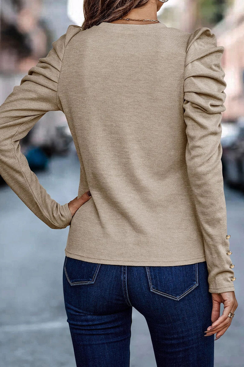 Tops casuales de cuello redondo con pliegues sólidos