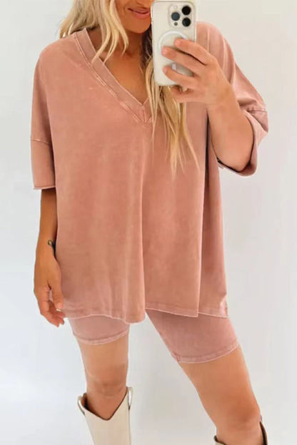 Conjunto de dos piezas informal, sencillo, liso, con escote en V y manga corta