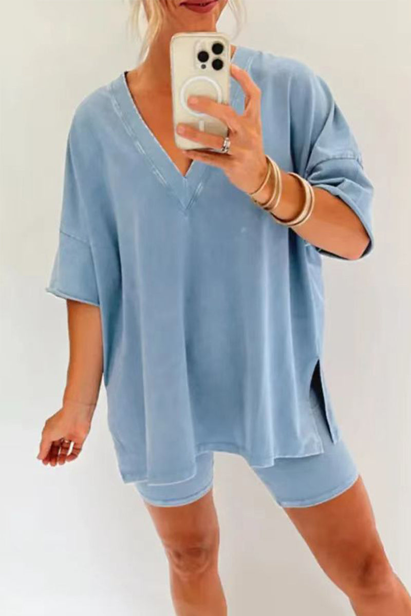 Conjunto de dos piezas informal, sencillo, liso, con escote en V y manga corta