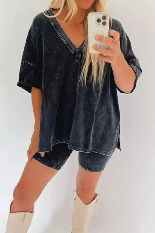 Conjunto de dos piezas informal, sencillo, liso, con escote en V y manga corta